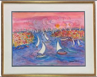 Francesca D'elia Sea Channel Sailboats & Houses Painting 23.5" X 17.5"