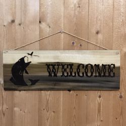Bass Fish Welcome Porch Hand Burned Wood Sign
