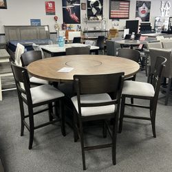 7PC Counter Height Dining Table Set w/ Lazy Susan & 4 Drop Down Leafs 