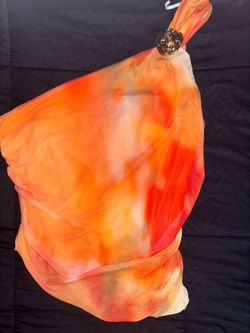 One-Shoulder Tie-Dye Mesh Top with Gold Brooch