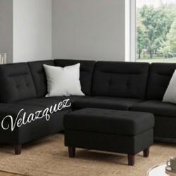 ✅️✅️3 pc black linen like fabric sectional sofa  chaise and storage ottoman✅️✅️