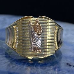 $1100 Three Tone Yellow White And Rose Gold W Zirconia Saint Jude San Judas Religious Ring 