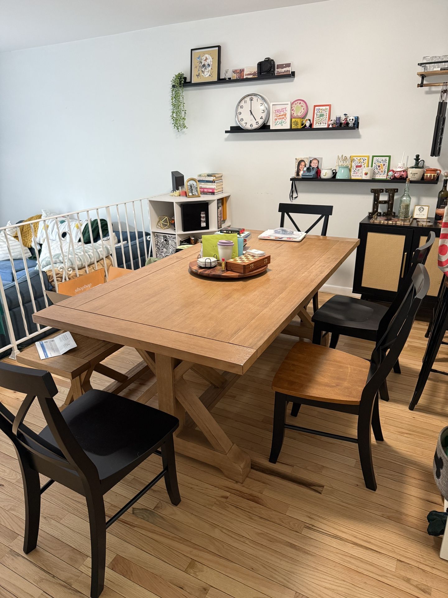Wooden Farmhouse Dining Table, Bench, & Chairs