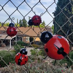 Set of 4, Metal RED Lady Bug, Yard Art, Fence Decor, Home Decor