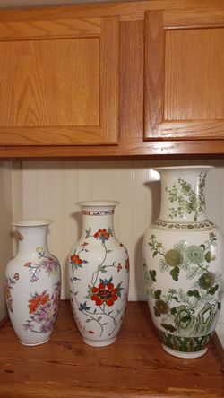 3 Vintage Asian Vases 13" Tall, 15" Tall & 18.5" Tall
