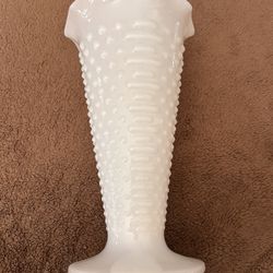 Vintage Anchor Hocking Glass Vase Hobnail Bars White Milk Glass Trumpet