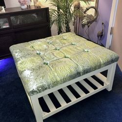 Beautiful Ottoman/Table Redone in Green\Gold Jacquard