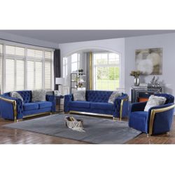 Blue Velvet And Gold 3 Piece Living Room Set Brand New In Box Firm Price $3,200