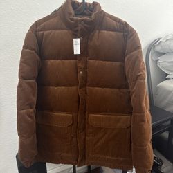 Gap Puffer Jacket Mens Small Brown Corduroy Flap Pockets Lined Relaxed Fit