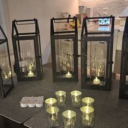 Set of 5 black iron hanging decorative lanterns with glass, with hinged door, for indoor and outdoor