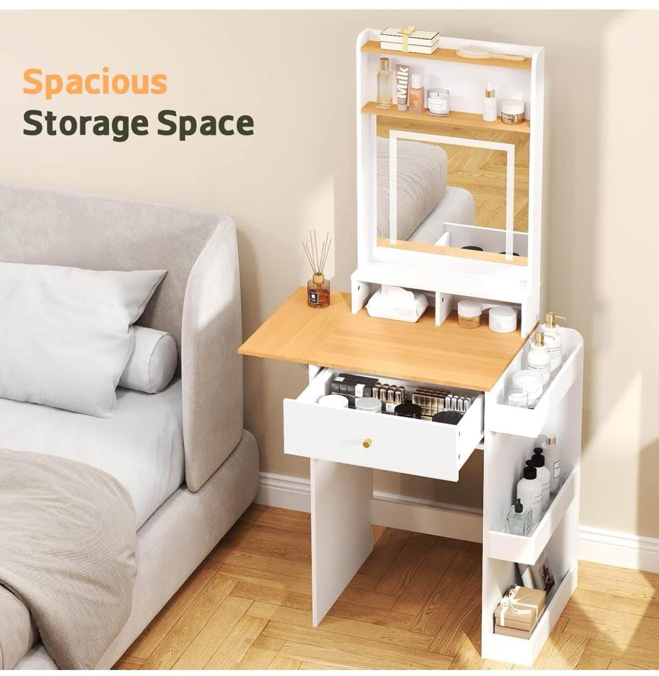 Small Vanity Desk with Mirror and Lights - Compact Makeup Dressing Table with Fold-up Panel & Side Storage Shelf for Small Spaces,