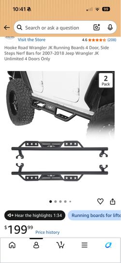 Hooke Road Wrangler JK Running Boards 4 Door, Side Steps Nerf Bars for 2007-2018 Jeep Wrangler JK Unlimited 4 Doors Only