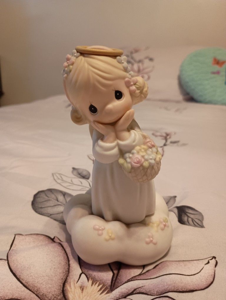 Sweet Precious Moments Missing You Angel Figurine with Flower Basket On Cloud