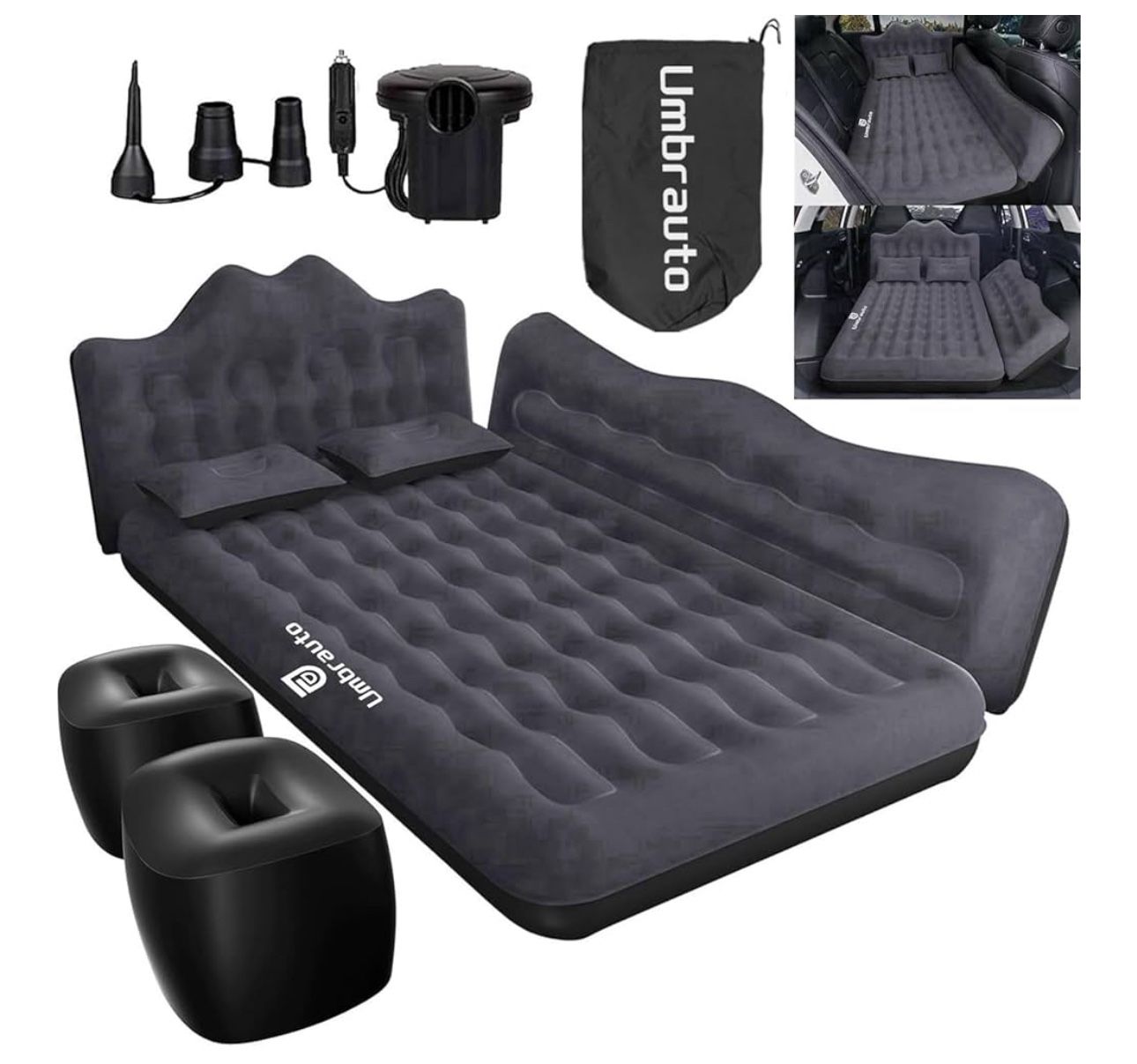 Umbrauto Inflatable Car Backseat Air Mattress Bed with Pump & Pillows, (Black)