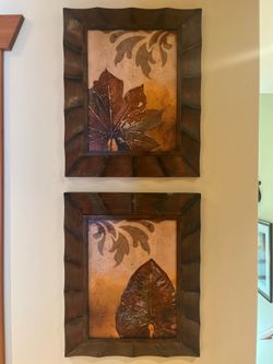 Set of 2 Framed Botanical Leaf Print Wall Art, Brown Wood Frames, Vertical