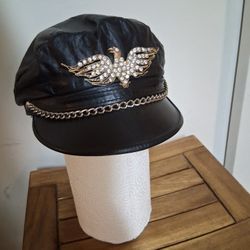 Leather Biker Cap With Fancy Antique Rinestone Eagle Broach/pin Added