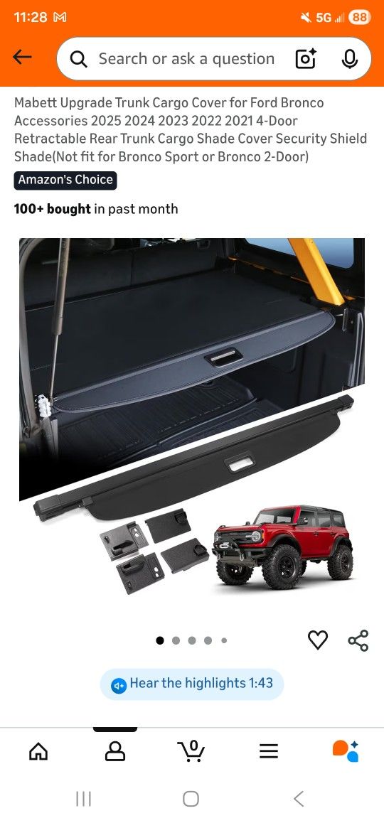 Mabett Upgrade Trunk Cargo Cover for Ford Bronco Accessories 2025 2024 2023 2022 2021 4-Door Retractable Rear Trunk Cargo Shade Cover Security Shield 