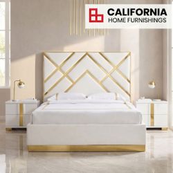 Modern Gold & White Upholstered Queen Bed | Brand New Platform Bed