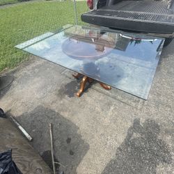 Dining room, glass table, solid wood base