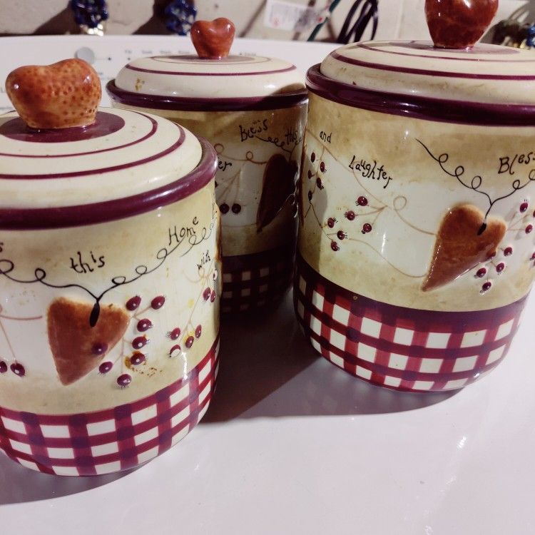 Hearts And Stars Ceramic Canisters Vtg 2001