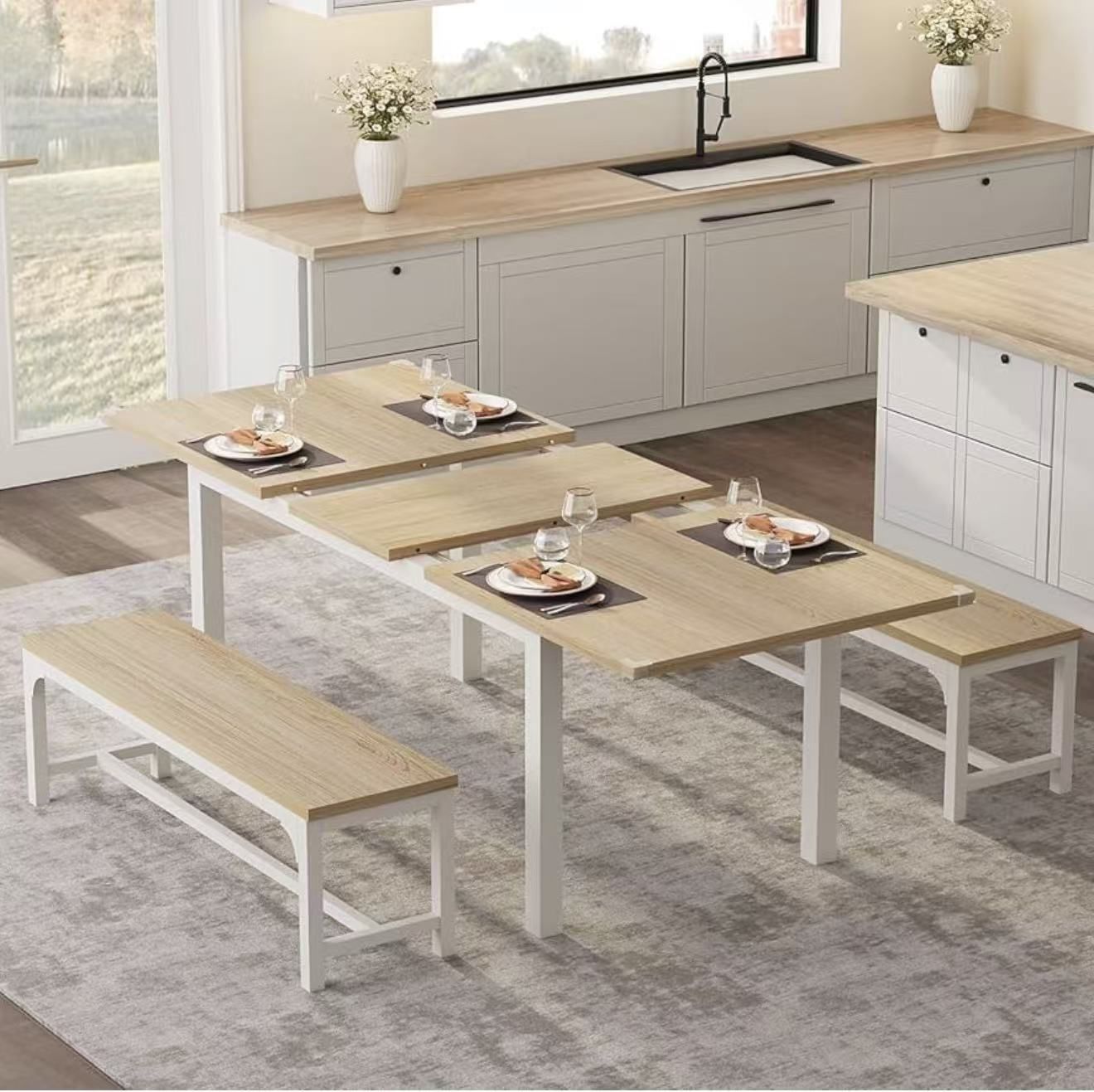 Extendable dining table set from 43.7 to 63 inches for 4 to 6 with 2 benches $120