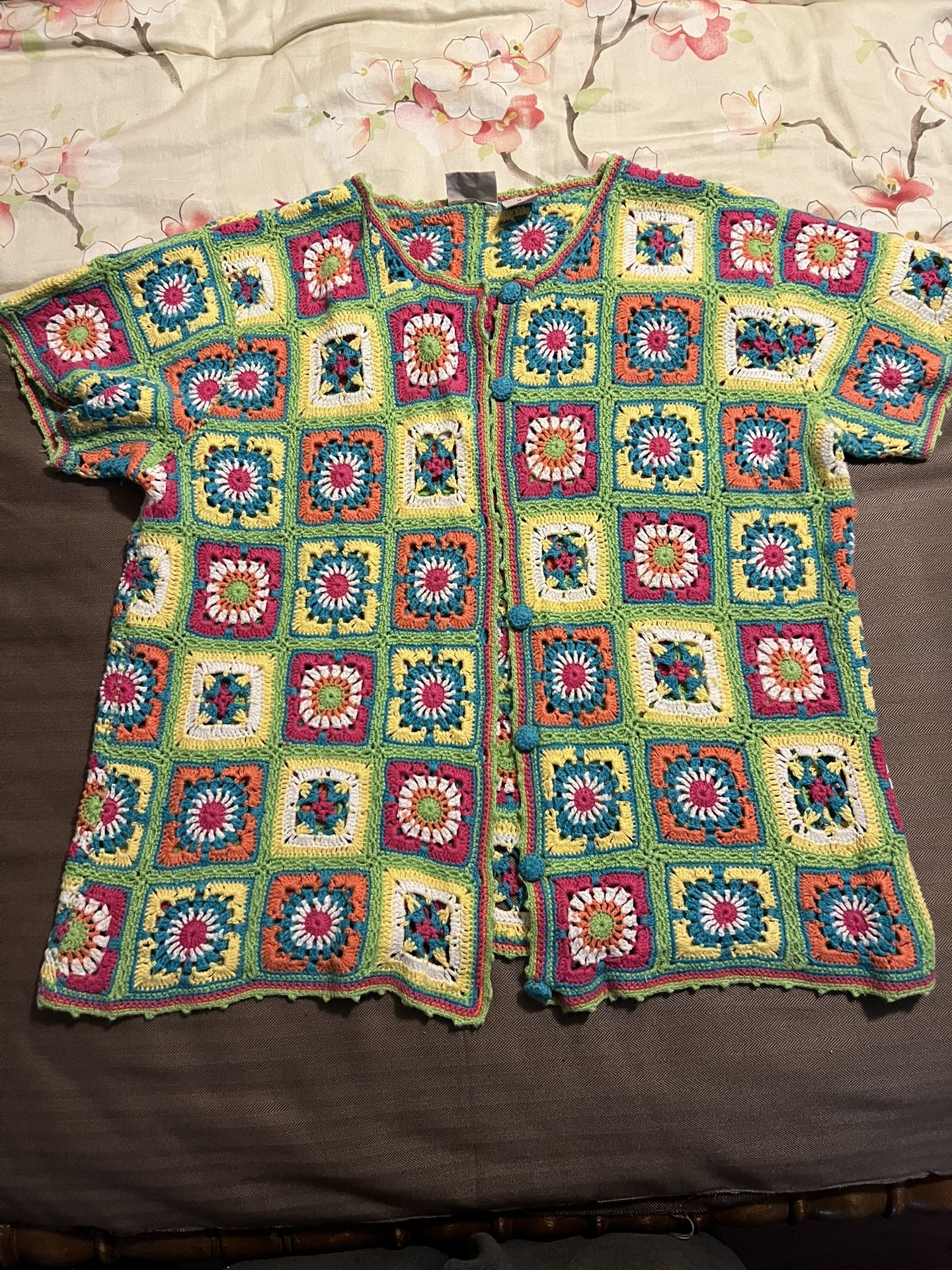 Patchwork Crochet Cardigan Top, Bold Color Granny Squares Open knit Size Medium