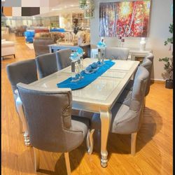 By Ashley Signature Extension Top Glass Silver Metallic Rectangular Dining Table And 6 Chairs 🥂Dining/Kitchen Set 💥 On Display 🏠 Fastest Delivery ✅