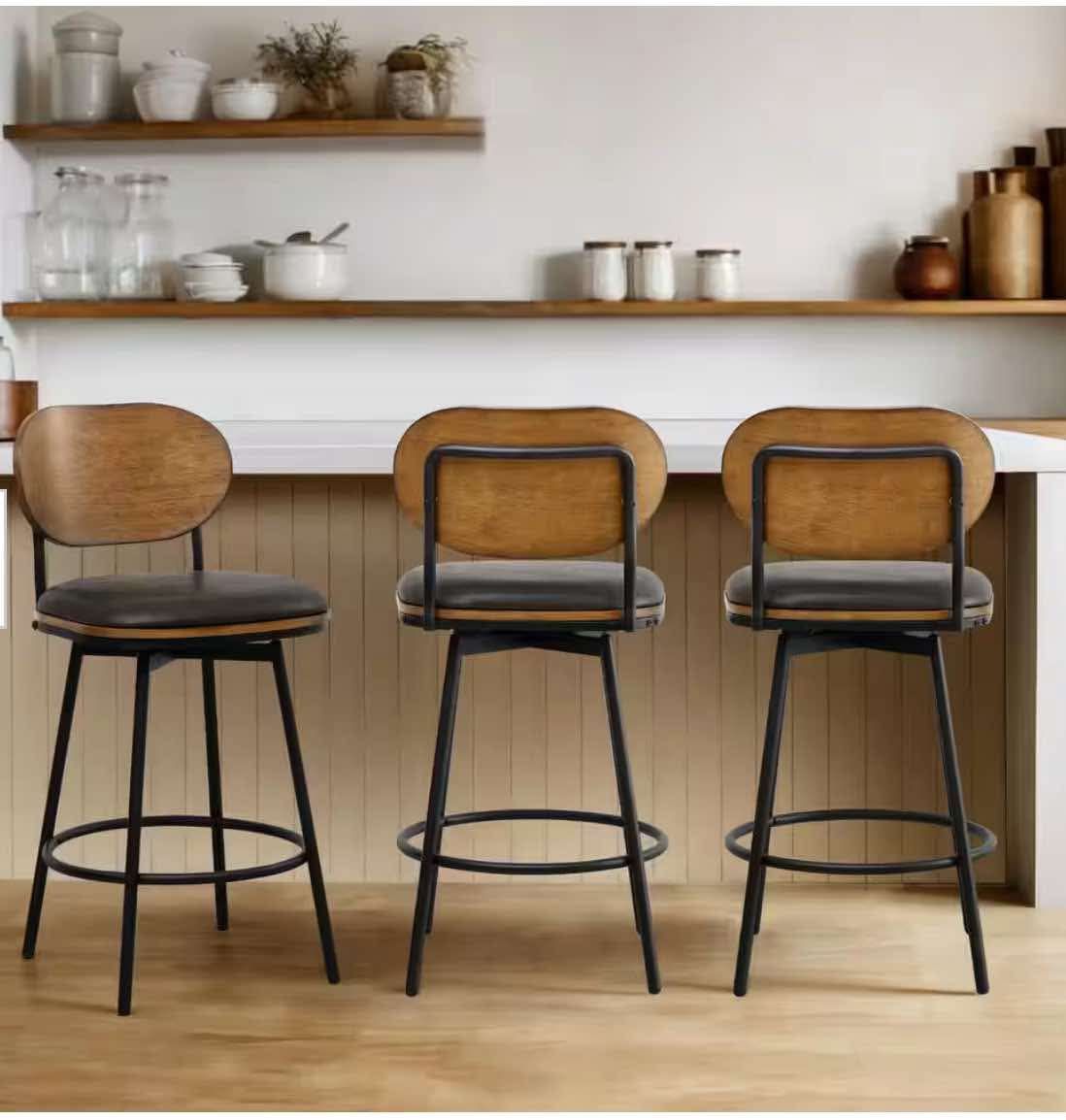 Set of 3 27 in. Dark Grey High Back Bar Stools Metal Swivel Counter Stools with Leather Seat