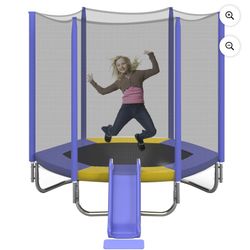 Happy Collection 7FT Kids Trampoline with Slide, Safety Net, UV-Protected Mat, and Basketball Hoop, Purple