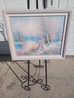 Vintage framed European victorian impressionist lady and child walking in flower field signed oil on canvas painting