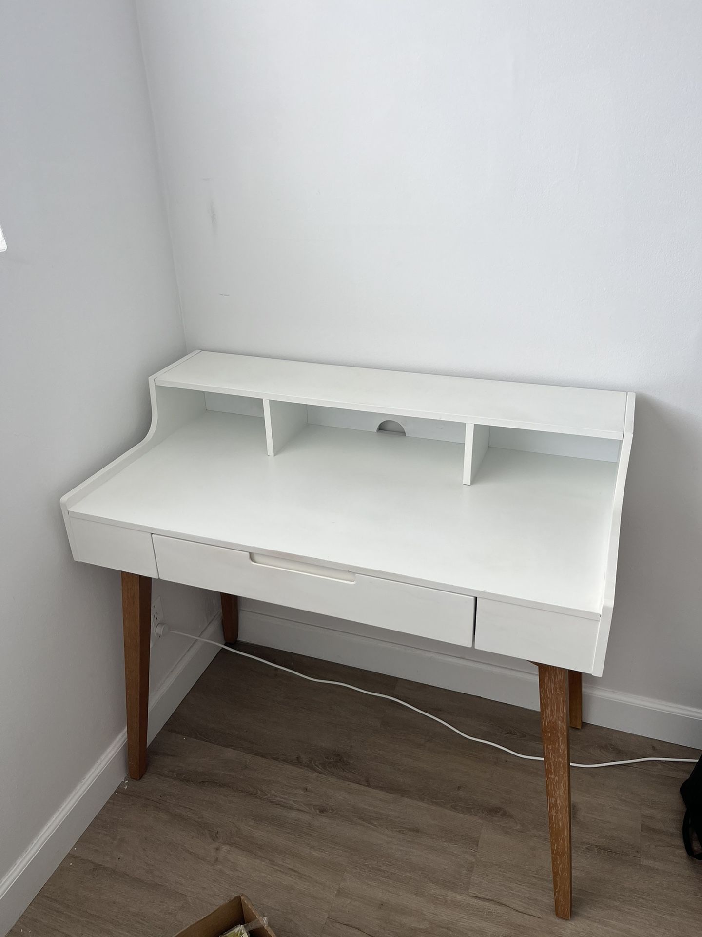 Modern White Desk with Storage & Monitor Shelf