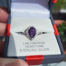 Sterling Silver Amethyst (February Birthstone) And Diamond Ring, Size 7