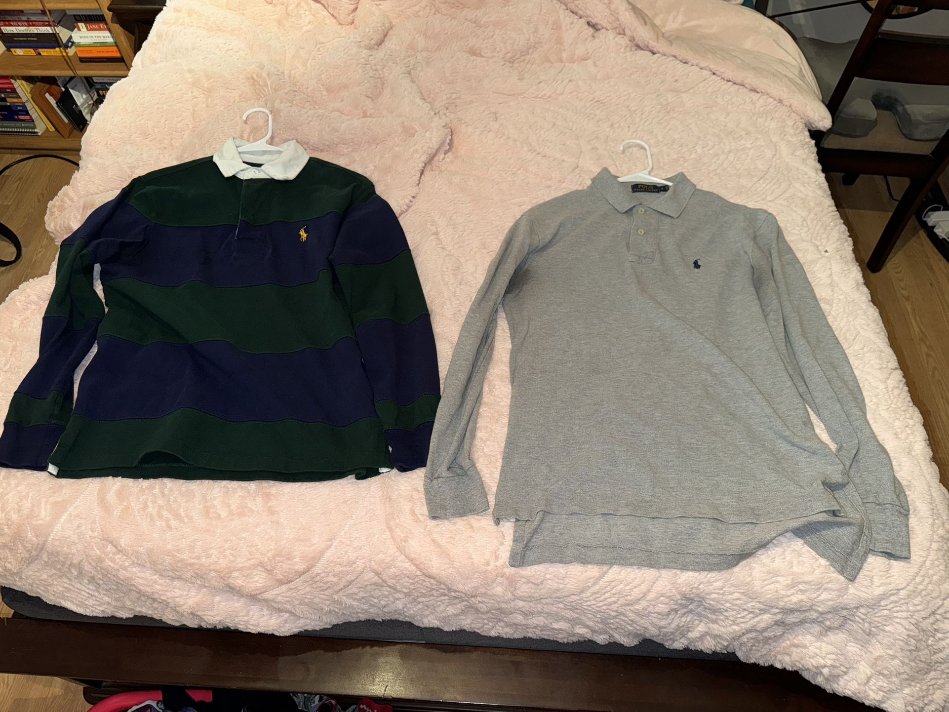 Ralph Lauren Long-Sleeve Polo Shirt Duo - Striped Navy Blue/Green & Heather Grey - Size S