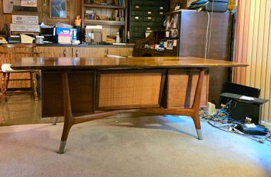 78" Mid Century Modern Executive Desk Furniture Co. "Bowtie" Walnut & Cane