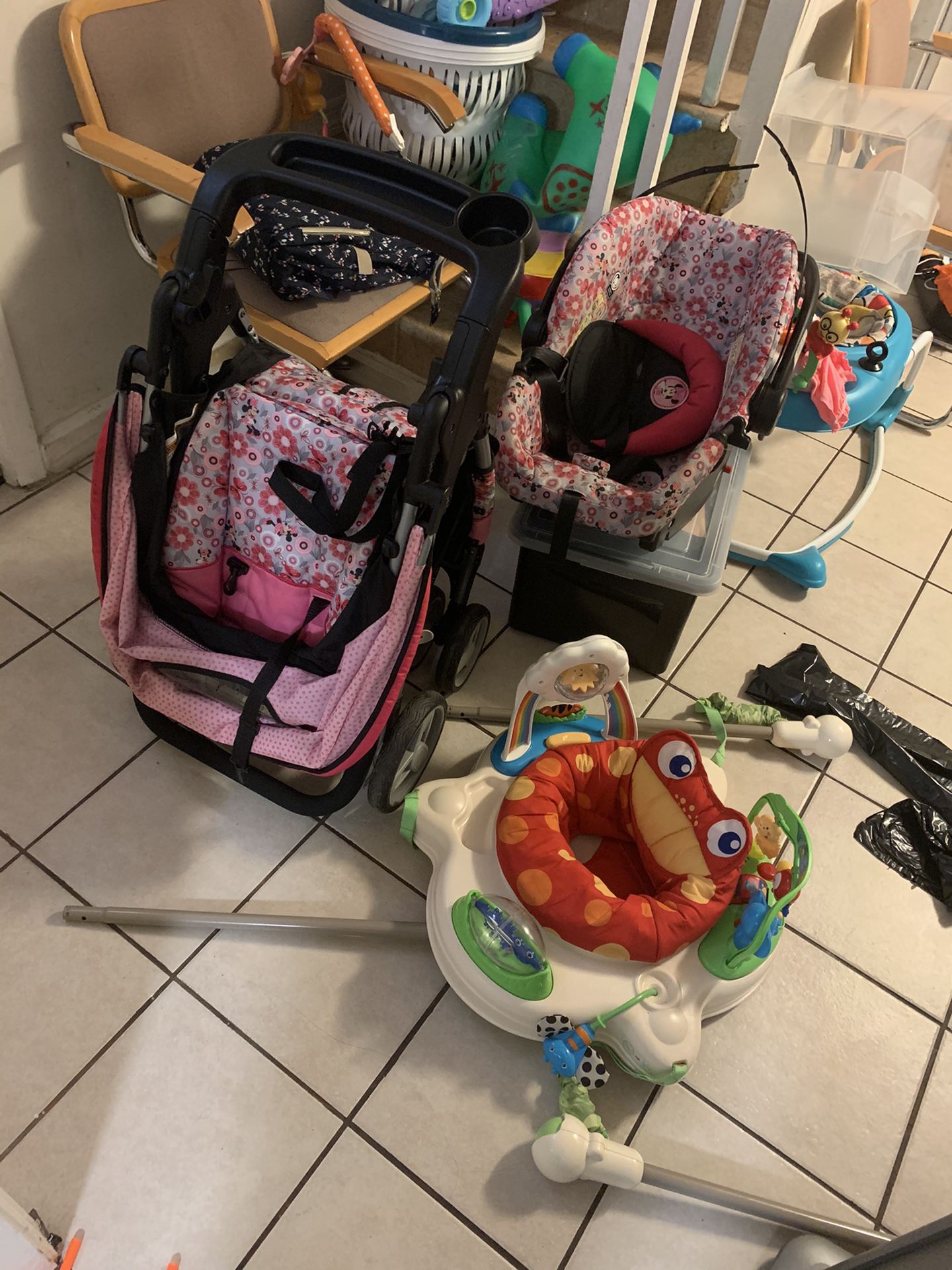 Baby car seat and stroller and baby jumper