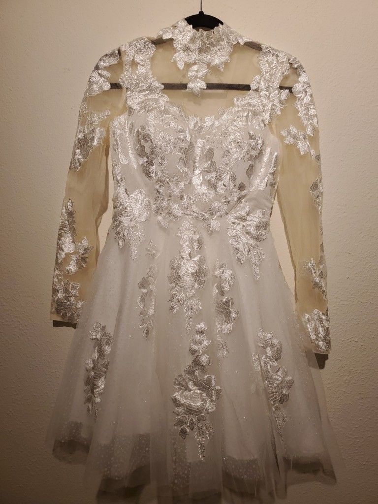 White Illusion Neck Long Sleeve Dress