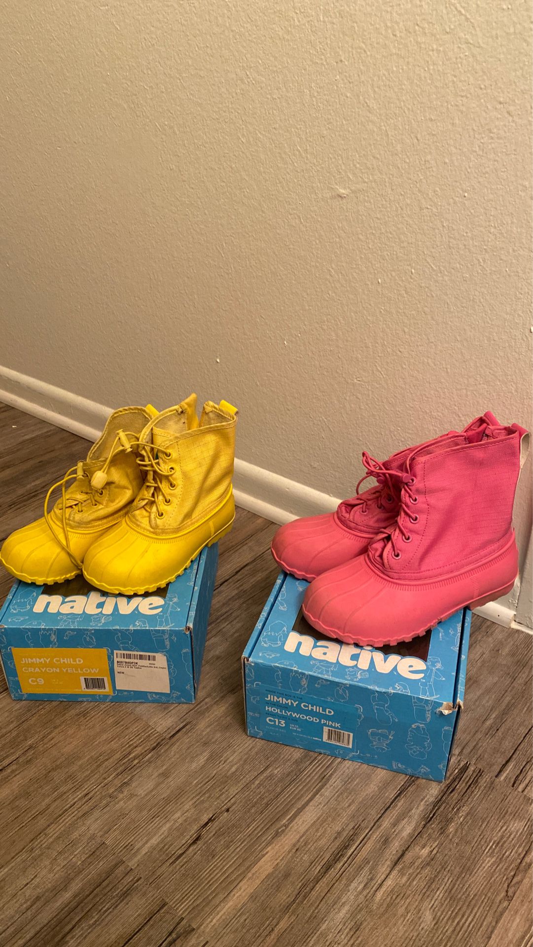 Native rain boots for kids. Pink kids 13 yellow kids 9