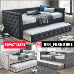  Twin/Twin Gray European Style Tufted Daybed w. Orthopedic Mattresses Included 