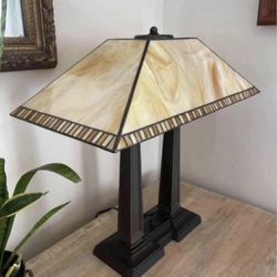Vintage Mission Craftsman Stained Glass Tiffany Desk Table Top Lamp