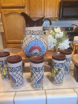 Mexican pottery set. 1 glass has chip