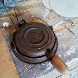 Antique Wapak Cast Iron Mini Waffle Maker with Base