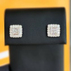 14K White Gold 1.5CTW Natural Diamond Studs Princess & Round Cut Square Shape Earrings