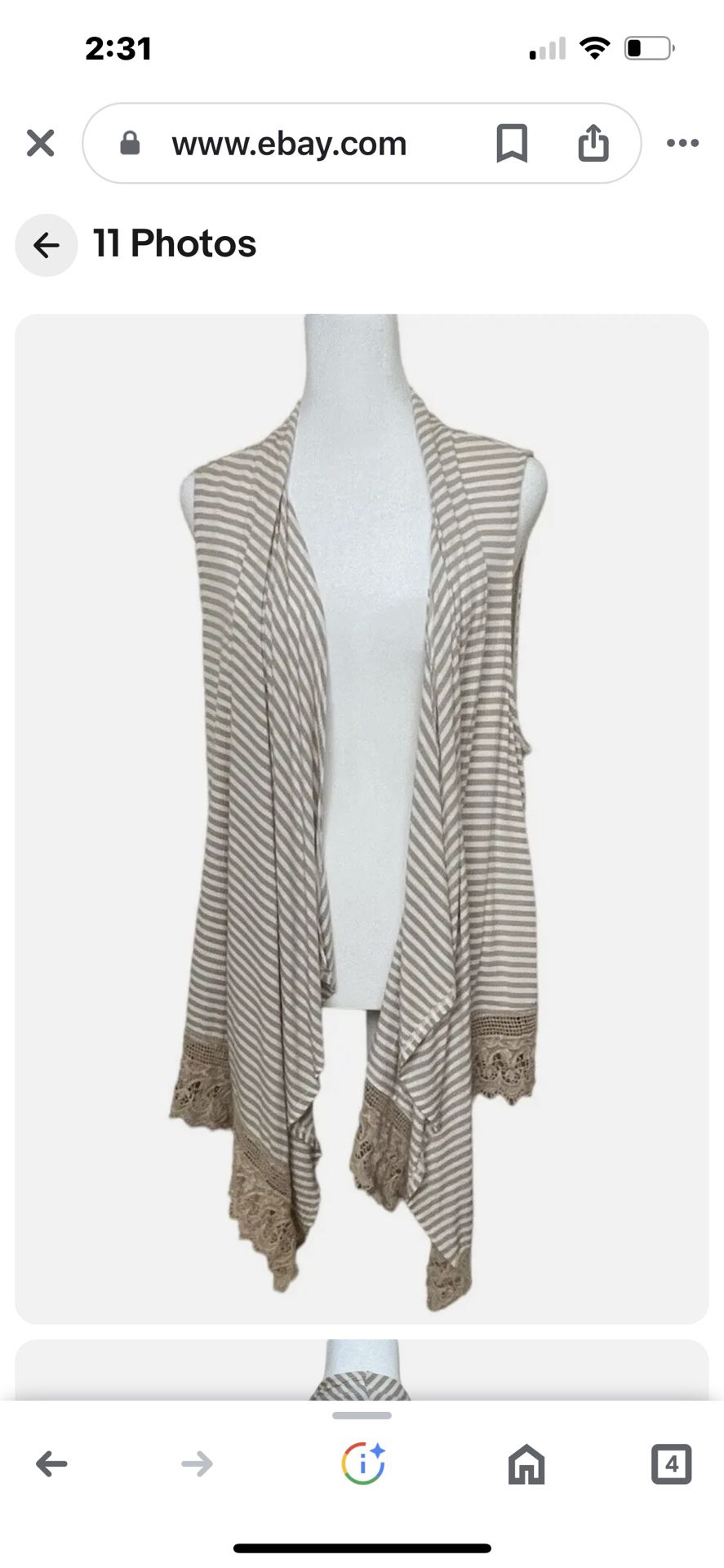 Striped  Open Sleeveless Cardigan with Crochet Lace