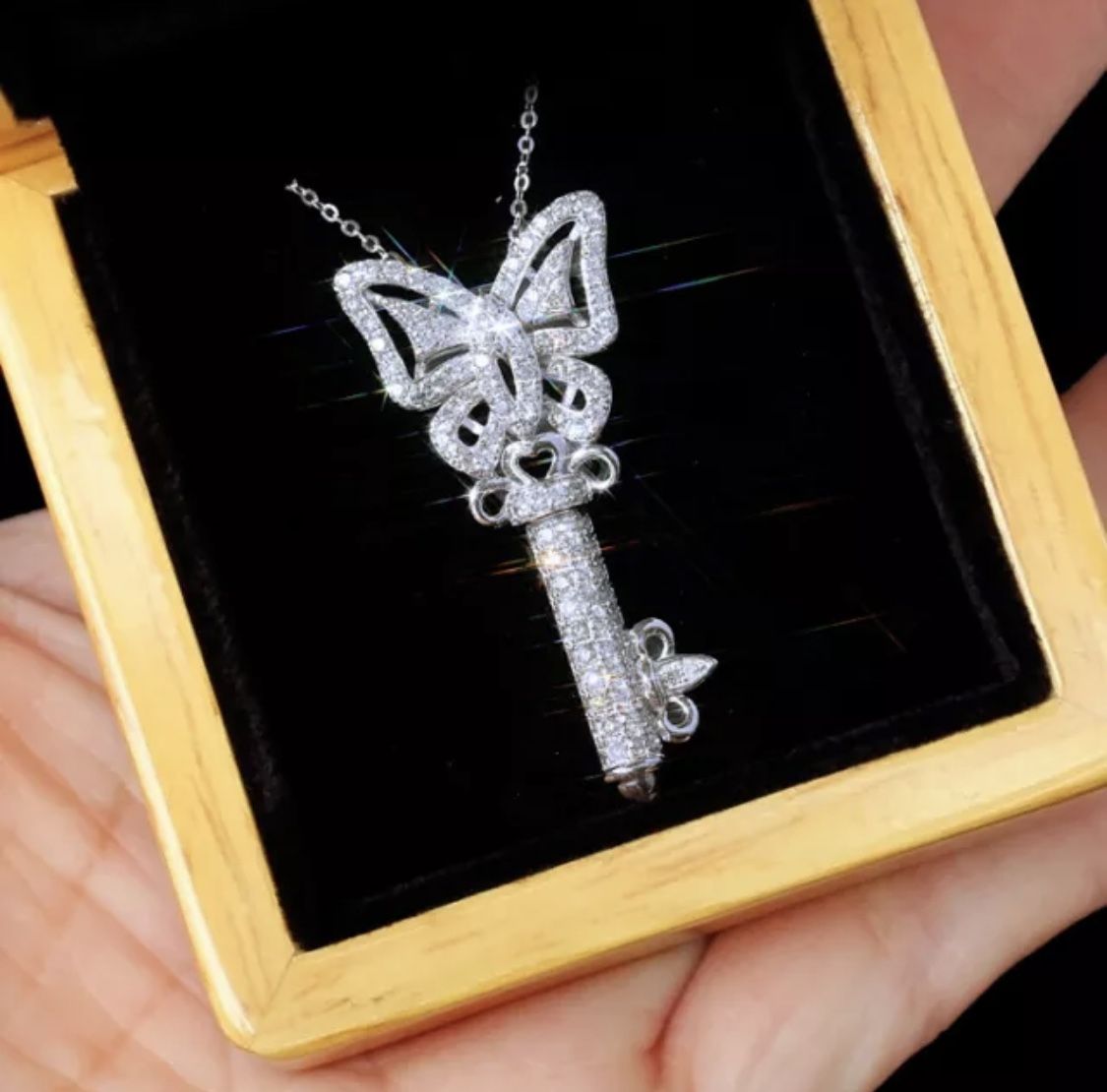 Luxury Silver Plated Women Cubic Zircon Butterfly Key Necklace 