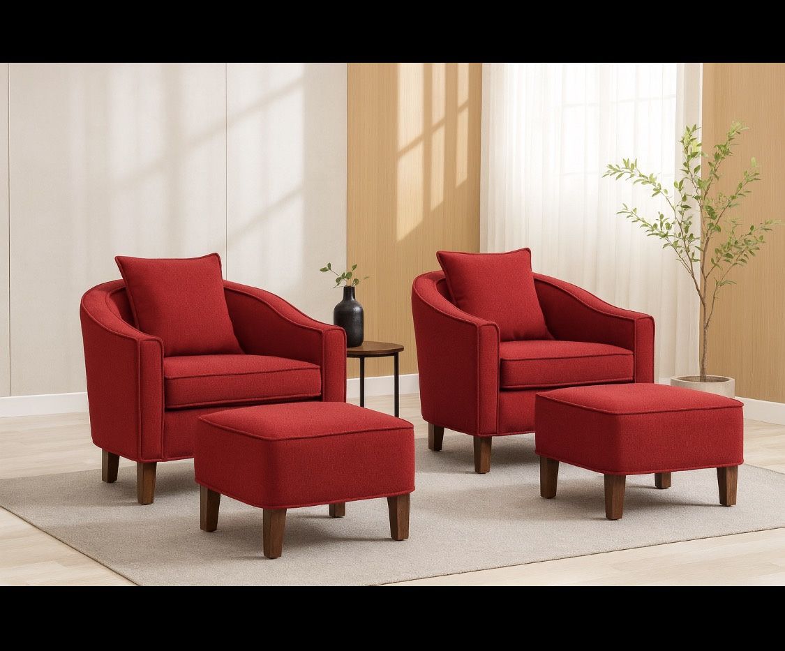 Set Of 2 Red Modern Linen Upholstered Armchair Lounge / Accent Barrel Chair with Ottoman [NEW{