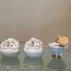Porcelain Flowers Pieces Perfume Spray Jewelry Vanity Cases Made In Japan