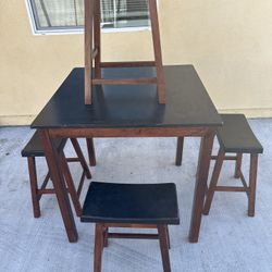 Wooden Table With 4 Stools.