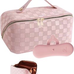 Travel Makeup Bag Kit 1 Pink Large Capacity Waterproof Portable Cosmetic Bag and 1 Pink Silicone Makeup Brush Holder Makeup Organizer Case Travel Esse