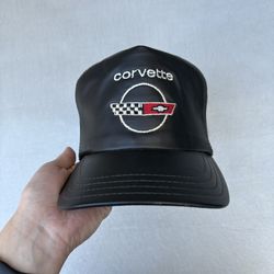 Rare Vintage Corvette Chevy Black Leather Embroidered Trucker Hat