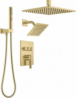 Lava Odoro 12" Ceiling Rain Shower System 2 Heads 3-in-1 Handheld Brushed Gold